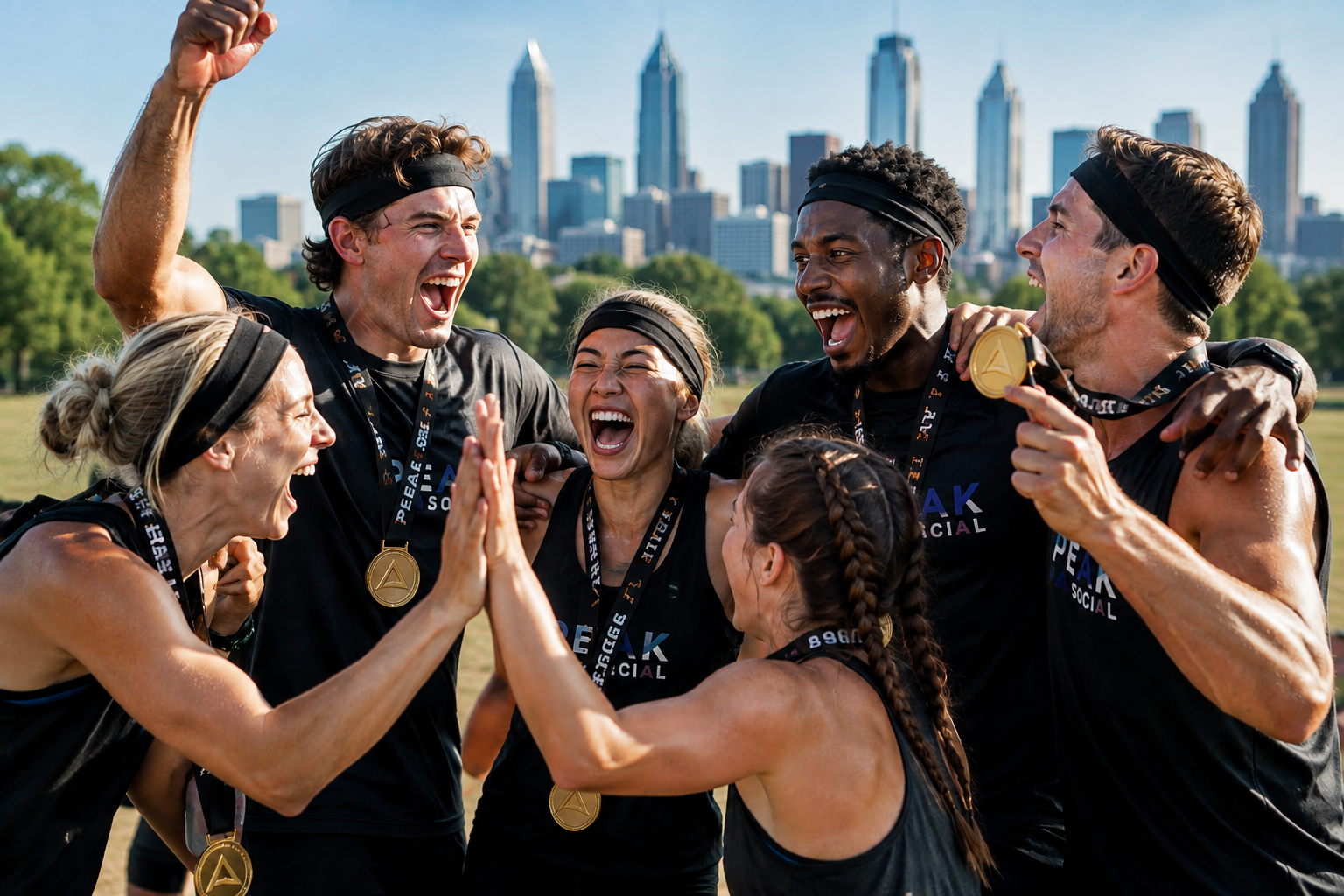 A team erupting in celebration with arms raised and teammates jumping and laughing after finishing a challenge, with the wider event happening behind them