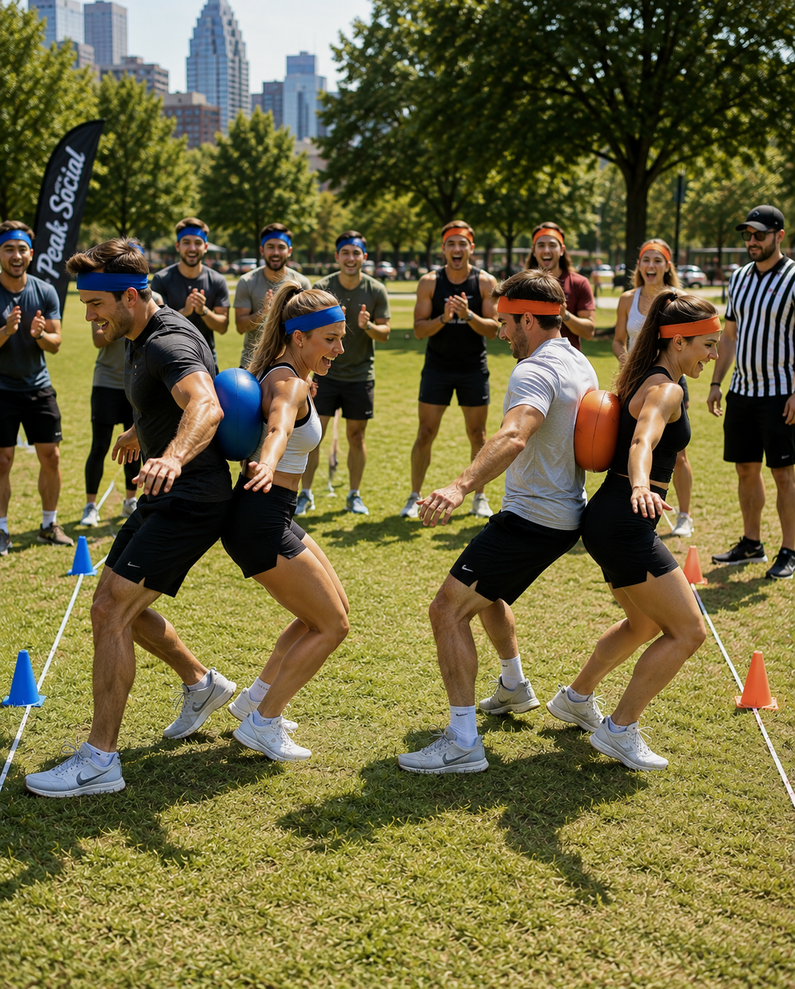 Two pairs racing side by side in a sunny park, each duo keeping a rubber ball pressed between their backs without using their hands, blue- and orange-headband teammates cheering them toward the finish line