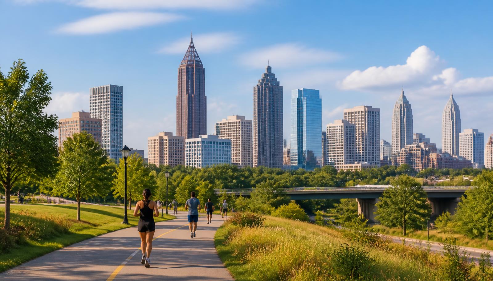 Sunny Atlanta skyline seen from a green urban trail with runners