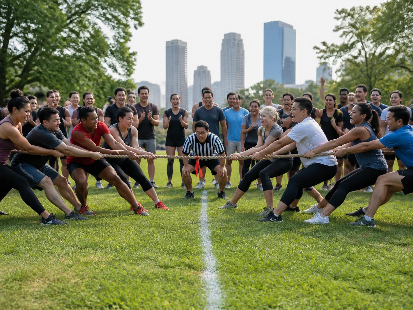 Two evenly matched teams mid tug-of-war on a grass field, rope under tension over a chalk center line, with a striped-shirt referee watching the marker and teammates cheering from the sides