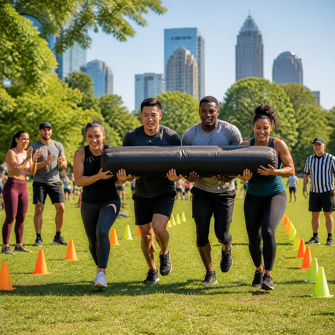 Four teammates coordinating to carry a large padded cylinder through a cone-marked course while nearby teammates call out directions and an event volunteer watches