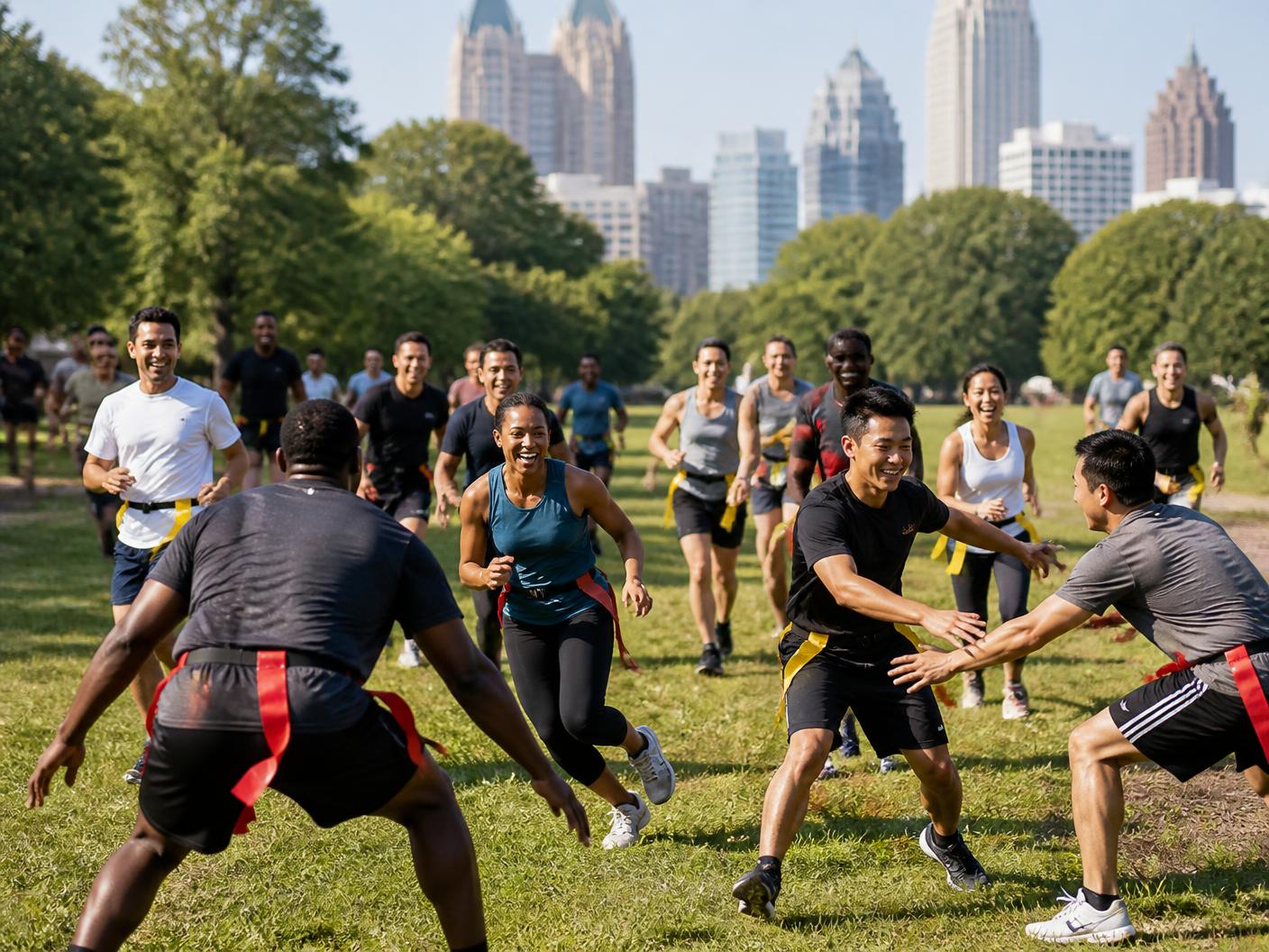 A fast flag-belt chase game across a sunny park field, with participants sprinting and cutting in every direction as a striped-shirt game leader reaches for a runner's flag